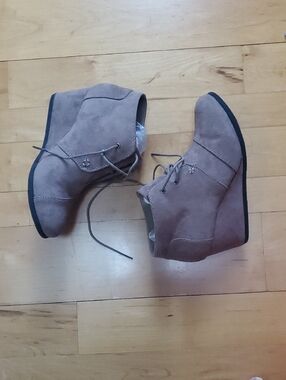 Women's Taupe Suede Wedge Ankle Boots - Brand New
